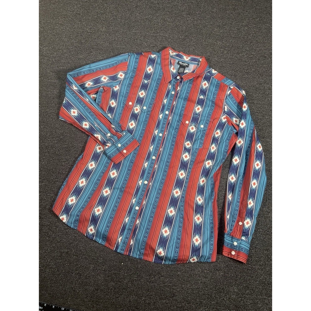 Wrangler Retro Shirt Womens XL Aztec Western Pearl Snap Blue Long Sleeve Rodeo